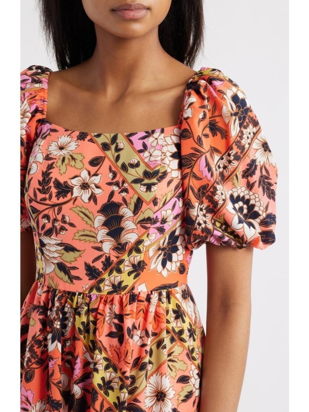 Vince Camuto Print Square Neck Puff Sleeve Maxi Dress Lined Orange size 4 $158 - Picture 4 of 5